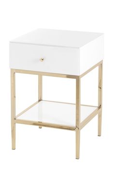 a white and gold end table with drawers