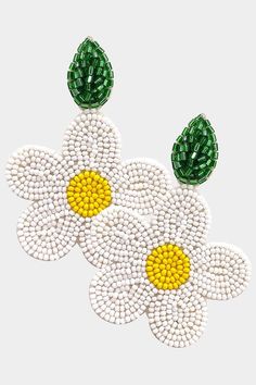 Daisy beaded earrings with leaf detail. ***All Consuela, Tiana Designs, Handbags/Clutches and accessories are FINAL SALE. Beaded Daisy Earrings, Flower Beaded Earrings, Beaded Daisy, Native Beading, Beadwork Designs, Love Coupons, Daisy Earrings, Rich Girl, Leaf Earrings