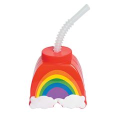 a plastic water bottle with a rainbow on the top and clouds around it, in front of a white background