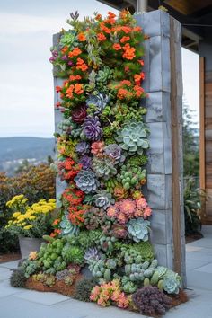 a vertical succulent planter on the side of a building with orange and green flowers