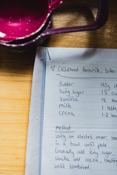 a recipe is shown on top of a piece of paper next to a cup and saucer