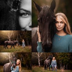 a woman standing next to a horse in a field