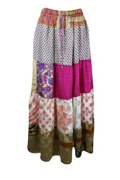 Elevate your wardrobe with a burst of seasonal charm in this stunning flared maxi skirt! Crafted from upcycled saree fabric, it showcases vibrant shades of Pink, White, and eye-catching floral prints. The skirt features a comfortable drawstring waist and a graceful ankle-length silhouette, offering both style and a flattering fit. Whether you're wandering through farmer's markets or dancing at beach festivals, this handmade piece lets you embrace your bold, boho-chic spirit while championing sus Bohemian Maxi Skirt For Festive Occasions, Bohemian Long Maxi Skirt With Floral Patchwork, Traditional Multicolor Maxi Skirt, Bohemian Maxi Skirt For Summer Festivals, Bohemian Multicolor Maxi Skirt For Festivals, Multicolor Bohemian Maxi Skirt For Festivals, Traditional Multicolor Flowy Maxi Skirt, Bohemian Tiered Skirt For Festive Occasions, Bohemian Long Skirt For Navratri