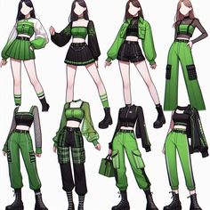 an anime character is dressed in green and black outfits with matching hats, boots, and purses