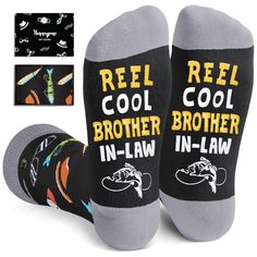 GIFTS FOR BROTHER IN LAW: These black brother in law gifts feature fishes, ties, glasses, hats, and watches, with the hidden novelty message on the bottom, "REEL COOL BROTHER IN-LAW". WIDE-RANGE: Perfect for most, fitting men's shoe sizes 7-13 and sock sizes 8-14. Each exclusive gift box contains one pair of funny socks. PREMIUM COMFORT: Experience the tender softness of our socks, composed with 80% cotton for a cozy feel, 15% nylon for lasting strength, and 5% spandex for a stretch that's just Brother In Law Gifts, Gifts For Brother In Law, Brother In Law Gift, Brother Humor, Adult Gifts, Birthday Gifts For Him, Unique Socks, Brother And Sister, In Law Gifts