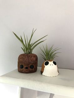 two air plants sitting on top of a white shelf next to each other with sunglasses on them