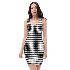 Our fun black and white harlequin print womens body con style dress. The fit is tight to the body and has 18% spandex for stretch. Designed and printed in the US with imported materials. Our clothing is printed to your specifications so there are no returns or exchanges. Please check the size chart in the photos carefully. • 82% polyester, 18% spandex• Fabric weight: 6.78 oz/yd² (230 g/m²), weight may vary by 5%• Made with smooth, comfortable microfiber yarn• Material has a four-way stretch Black Sleeveless Dress With Geometric Pattern, Black Geometric Pattern Sleeveless Dress, Fitted Mini Dress With Geometric Pattern, Fitted Geometric Pattern Party Dress, Womens Body, Dress Tight, Diamond Dress, Preppy Dresses, Geometric Dress