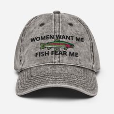 "\"Women Want Me, Fish Fear Me\" dad hat is the ultimate combination of humor and style. This funny fishing hat is perfect for summer adventures, fishing trips, or as a hilarious gift for fishing enthusiasts. Get ready to turn heads and share a laugh with this hilarious accessory! ▶ 100% cotton twill ▶ 6-panel unstructured cap with a low profile ▶ 6 sewn eyelets ▶ Flat Embroidery ▶ Black sweatband ▶ Metal snap buckle with an antique brass finish ▶ Washed-out vintage effect ▶ Custom made hat WASHING ▶ Spot clean with lukewarm water ▶ Soft brush if necessary ▶ DO NOT machine wash ▶ DO NOT soak ▶ Avoid using cleaning products" Fishing Hats For Men, Fishers Hat, Fish Fear Me, Hat For Summer, Custom Made Hats, Funny Embroidery, Funny Fishing, Fish Man, Fishing Women