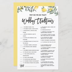 a wedding game with lemons and greenery on the top, which reads why do we