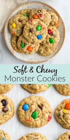 soft and chewy monster cookies with m & m's in the middle on a plate