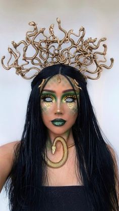 Medusa Family Costume, Gold Medusa Costume, Medusa Hair Ideas, Basilisk Costume, Medusa Costume Hair, Medusa Make Up Ideas, Diy Madussa Costume, Plus Size Medusa Costume, Madussa Makeup