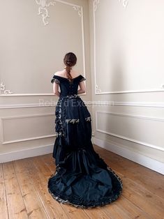 Victorian Dress 1877 in Black Taffeta and Lace - Etsy Black Ruffled Dress For Debutante Ball, Fitted Gothic Victorian Ball Gown Dress, Victorian Wedding Dress With Underbust Style, Gothic Victorian Dress With Fitted Bodice For Evening, Gothic Victorian Ball Gown With Fitted Bodice, Victorian Wedding Dress With Corset Back, Black Corset Dress With Fitted Bodice For Debutante Ball, Fitted Gothic Victorian Dress With Lace Trim, Fitted Historical Victorian Ball Gown