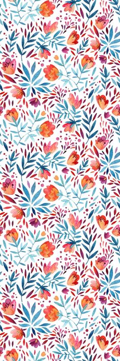 watercolor flowers and leaves on a white background with blue, pink, red and orange colors