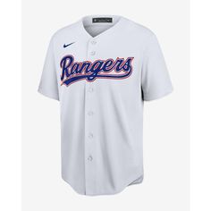 Nike MLB Texas Rangers Dry-Fit Jersey Team-colored Baseball Jersey With Team Logo For Sports Season, Sports Season Team-colored Baseball Jersey With Logo, Sporty Team-colored Baseball Jersey For Game Day, Sporty Baseball Jersey For Sports Season Fan Merchandise, Sporty Baseball Jersey For Fan Merchandise, Team-colored Baseball Jersey For Sports, Collegiate Baseball Jersey For Sports Season, Collegiate Baseball Jersey, Sporty Baseball Jersey With Team Logo For Fans