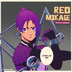 an anime character with purple hair holding two swords and looking at the camera, in front of a grey background