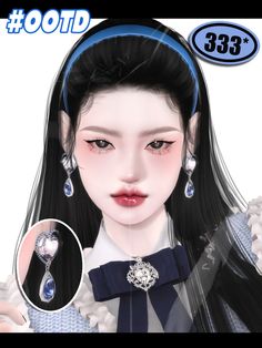 an animated image of a woman with long black hair wearing earrings and a blue ribbon around her neck