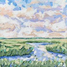 an impressionist painting of a river in the middle of a grassy field with clouds