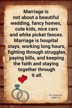 a piece of paper with a poem written on it that says marriage is not about a beautiful wedding, fancy homes, cute kids, and white picket fences