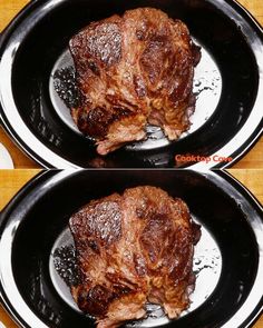 two pictures of the same piece of meat being cooked in a black skillet on top of a wooden table