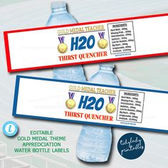 two water bottles with gold medal labels on the front and back, one for h2o thirst quencher