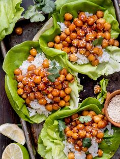 lettuce wraps filled with chickpeas and garnished with cilantro