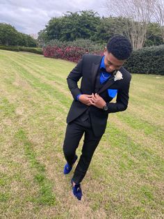 Teen Boy Prom Looks, Prom Outfits For Guys Navy Blue, Royal Blue Tuxedo For Men Prom, Black And Purple Prom Suit, Black And Blue Prom Suit, Black And Royal Blue Prom, Blue Tuxedo Prom, Dark Blue Prom Suit, Male Homecoming Outfits