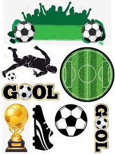 various sports related items are shown in this graphic file, including soccer balls and trophies