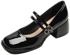 Retro Black Heels For Work, Black Retro Heels For Formal Occasions, Retro Black Heels For Formal Occasion, Black Vintage Heels For Formal Events, Vintage Black Heels For Formal Occasions, Retro Black Heels With Square Toe, Elegant Black Mary Janes With Buckle Closure, Vintage Black Closed Toe Mary Janes, Mary Jane Heels With 4-inch Heel In Medium Width