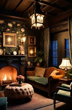 a living room filled with furniture and a fire place next to a wall covered in pictures