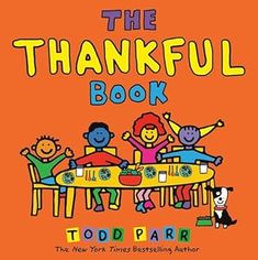 the thanksgiving book for toddlers with children sitting at a table and an adult dog standing next to it