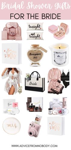 bachelor gifts for the bride with pink and white lettering on it, including personalized items