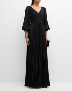 Rickie Freeman for Teri Jon V-Neck Puff-Sleeve Pleated Chiffon Gown Black Chiffon Dress, Pleated Gown, Ruffle Gown, Puffy Dresses, Gowns For Women, Teri Jon, Designer Evening Gowns, Evening Dress Floor Length, Floral Print Chiffon