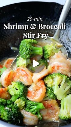 shrimp and broccoli stir fry in a skillet with a spoon over it