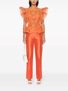 Find Gemy Maalouf Satin Straight-leg Trousers on Editorialist. carrot orange satin finish mid-rise concealed front button fastening dart detailing pressed crease straight leg Ankle-length Satin Pants For Formal Occasions, Formal Ankle-length Satin Pants, Elegant Fitted Orange Pants, Fitted Orange Formal Pants, Fitted Orange Pants For Formal Occasions, Silk Evening Pants For Spring, Spring Evening Silk Pants, Luxury Fitted Satin Pants, Elegant Fitted Orange Bottoms