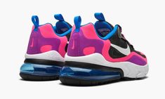 The Nike Air Max 270 React GS “Hyper Pink / Vivid Purple” introduces one of the brightest styles of the innovative silhouette for kids.  The grade school shoe has an upper that explores geometric patterns on no-sew overlays.  Black serves as the foundation for neon shades of pink, purple, and blue to pop off the sneaker.  The Nike Air Max 270 React blends two of the brand's best technologies in which the lifestyle Air unit of the 270 is joined by Nike React foam. Nike Air Max 270 React, Air Max 270 React, 270 React, Bright Fashion, Purple Shoes, Nike React, Stadium Goods, Nike Air Max 270, Air Max 270