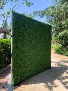 an artificial grass wall in the middle of a park with trees and bushes behind it