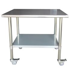 a stainless steel table with two wheels on the bottom and one foot resting on it's side