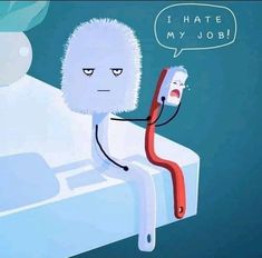 a cartoon character sitting on top of a bathtub with a blow dryer in it's mouth