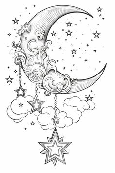 a crescent with stars hanging from it's sides and the moon in the sky