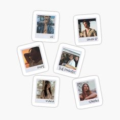 six polaroid photos with the names of actors and their characters stickers on them