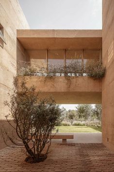 an open courtyard with brick walkway and trees