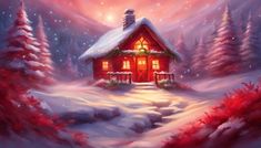 a painting of a cabin in the snow