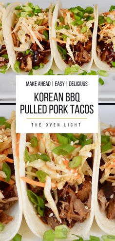 korean bbq pulled pork tacos on a white platter with text overlay