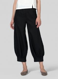 Linen Regular Fit Crop Pants Chic Linen Pull-on Pants, Linen Loungewear Harem Pants, Relaxed Linen Harem Pants For Loungewear, Wide-leg Linen Pants With Pull-on Style, Linen Pull-on Style Bottoms For Loungewear, Linen Bottoms With Pockets For Casual Gatherings, Chic Linen Relaxed Fit Harem Pants, Linen Wide-leg Harem Pants For Loungewear, Chic Relaxed Fit Linen Harem Pants