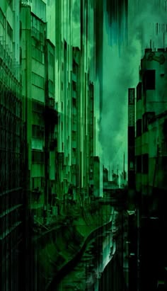 an image of a green cityscape with buildings and water in the foreground