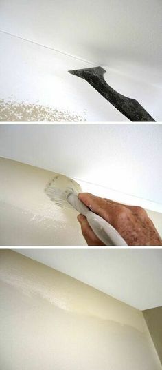 three pictures of different stages of painting the ceiling with white paint and black spray on it