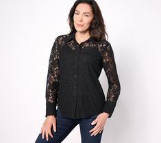 You're sure to be a showstopper when you add this lace shirt to your closet. Wear it with anything from dress pants to jeans to skirts. From BEAUTIFUL by Lawrence Zarian. Luxury Lace Button-up Blouse, From Dress, Lace Button, Lace Shirt, Embroidery And Stitching, Button Front Shirt, Shirt Collar, Wear It, Dress Pants