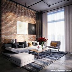 a modern living room with brick walls and white couches in front of a large window