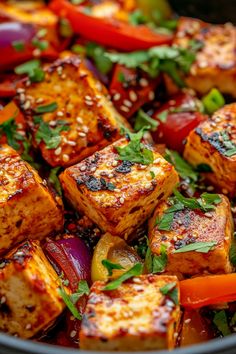 Spicy grilled tofu cubes with peppers, onions, and fresh herbs. Simple Tofu Recipes, Smoked Tofu Recipe, Easy Tofu Recipes, Tofu Lasagna, Tofu Lettuce Wraps, Easy Tofu, Tofu Recipes Easy, Tofu Steak, Homemade Tofu