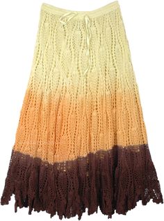 Exclusively handmade crochet work skirt in warm dawn inspired colors: light yellow, orange and brown - soothing colors for a perfect summer outdoors. It has an elastic waist with a drawstring, making it easy to wear and perfect for the on-the-go woman. No matter what you choose, you'll look like an elegant Bohemian queen in this ultra-cute knit crochet skirt. Mix and match, accessorize and get ready to give yourself a totally new look with this boho skirt! Length:38" scalloped (expect slight var Beige Crochet Skirt For Summer, Summer Crochet Skirt In Beige, Summer Beige Crochet Skirt, Coffee Crochet, Bridesmaids Outfits, Prairie Homestead, Awesome Crochet, Crochet Skirt Pattern, Orange Crochet